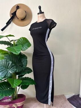bebe Black Maxi Dress w/ White Trim, Bejeweled bebe, Mesh Sleeves, Side Slit